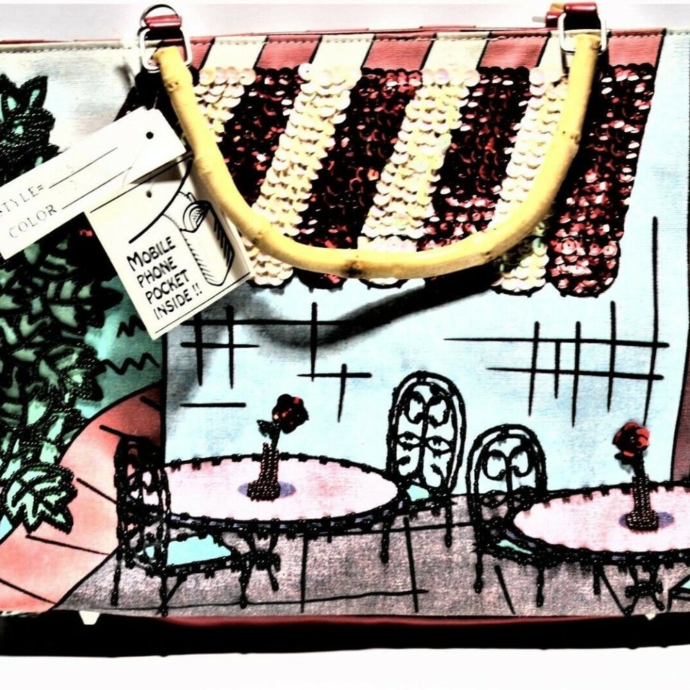 Cafe Print Multi Color Tote Sequence/Wood Handles